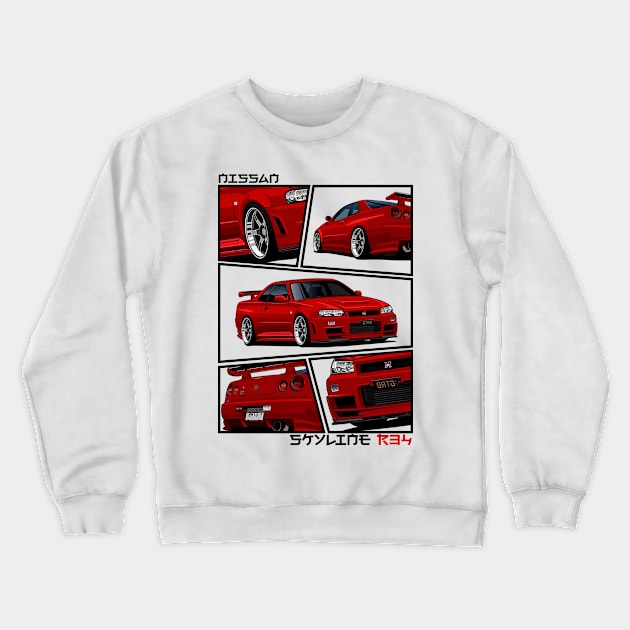 Nissan Skyline r34 GTR Red, JDM Car Crewneck Sweatshirt by T-JD